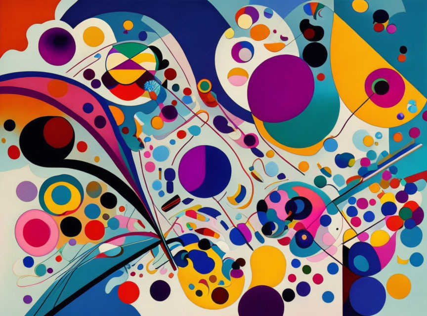 Vibrant abstract painting with circles and curvy lines in blue, orange, purple, and yellow