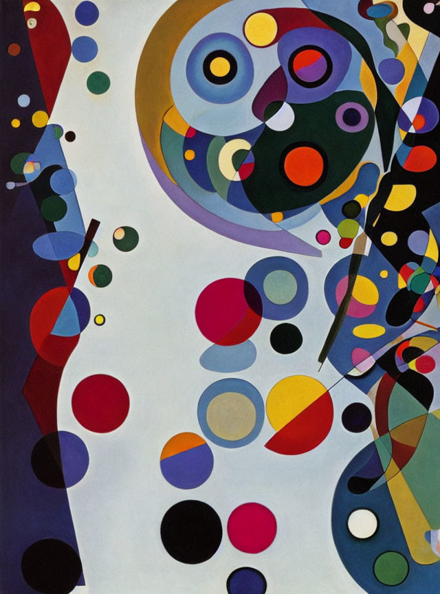 Colorful Circles and Dots on White Canvas with Black Lines