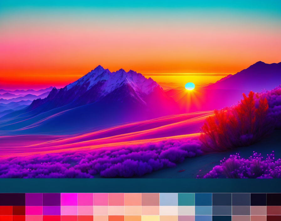 Colorful Sunset Over Mountain Range: Warm to Cool Tones