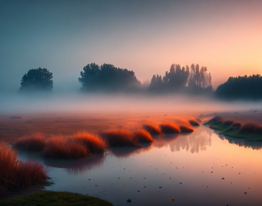 Tranquil lake scene with orange reeds and morning mist