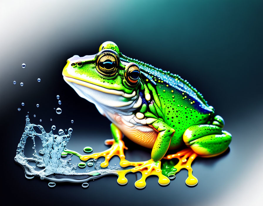 Vibrant green and yellow frog digital artwork on dark background