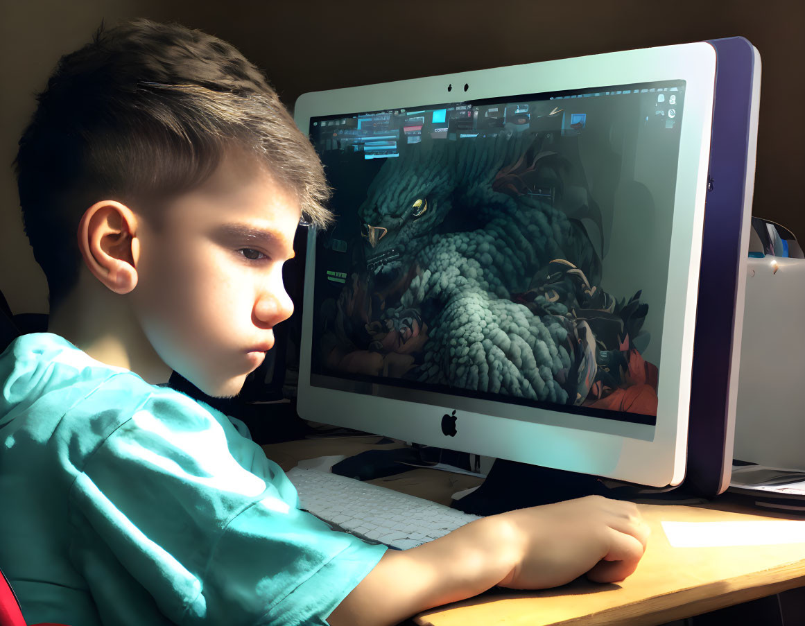 Young boy at iMac with dragon image in sunlit room