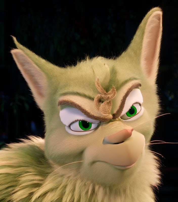 Green anthropomorphic cat with tied-up ears and sly expression