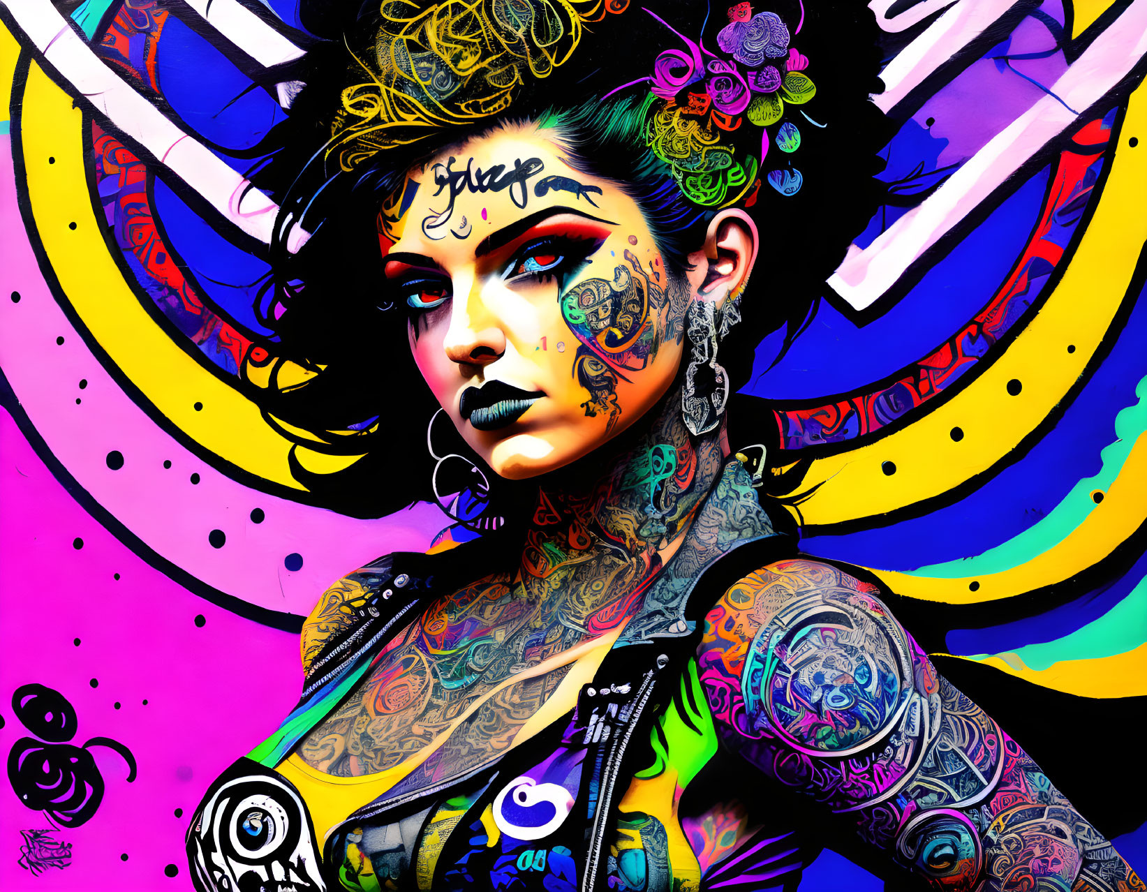 Colorful Pop Art-Style Illustration: Woman with Tattoos and Piercings