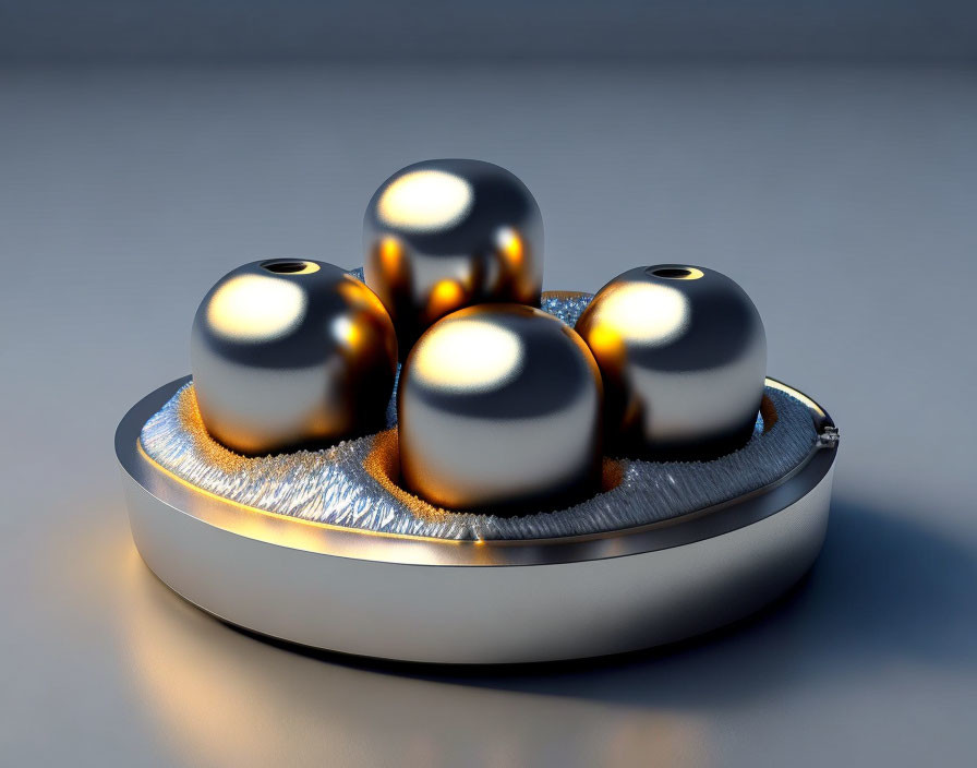Metallic and glossy spherical objects on fuzzy textured base in circular tray