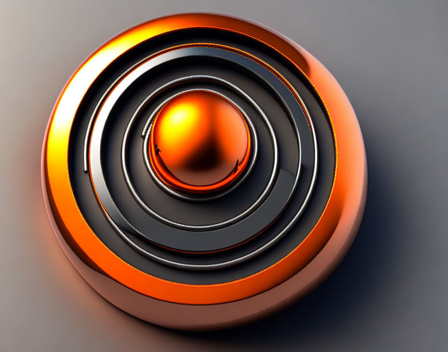 Vibrant orange and black concentric circles with reflective sphere on gray backdrop