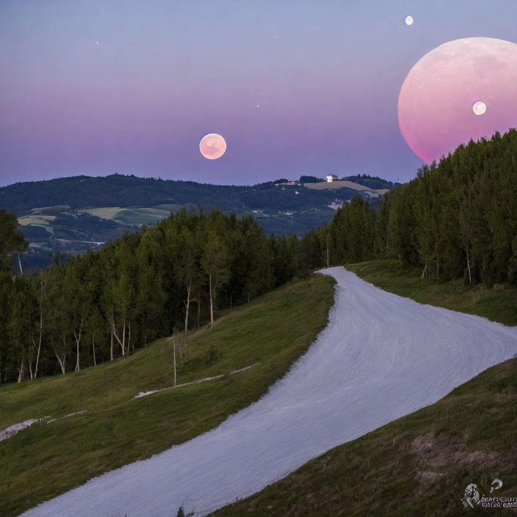 Composite image of winding road in forest with oversized moon