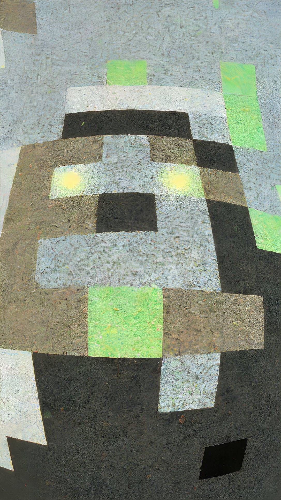 Abstract Digital Artwork: Distorted Pixel Pattern in Green, Gray & Yellow