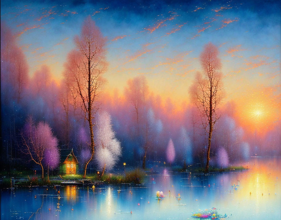 Tranquil dusk landscape with reflecting trees, lake, hut, and starry sky