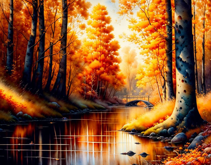 Tranquil Autumn Forest River Scene with Ducks and Bridge