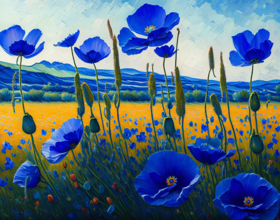 Colorful oil painting: Blue poppies, green grass, red flowers in golden meadow under blue