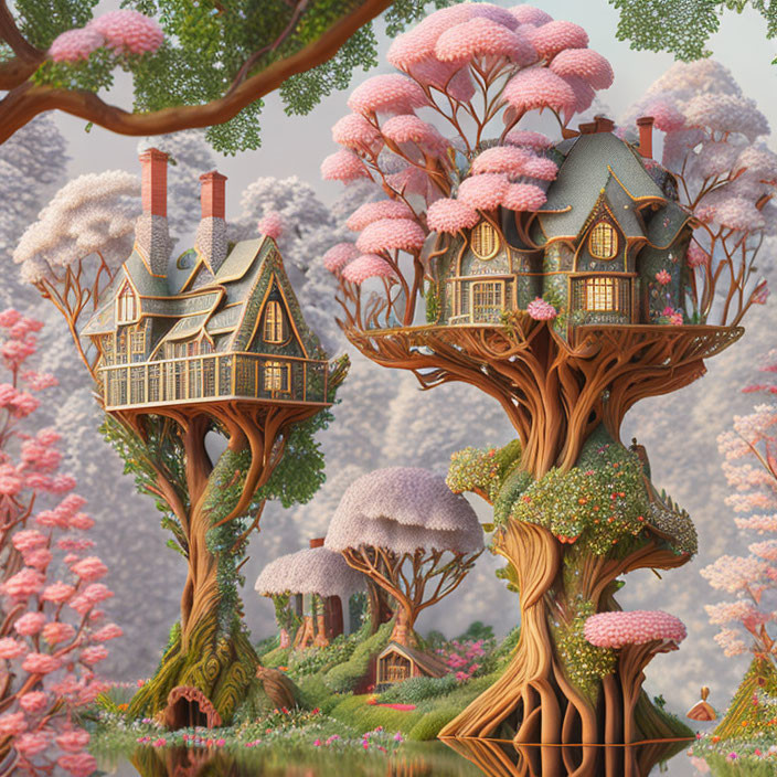 Whimsical Treehouses in Pink Foliage and Flowering Landscape