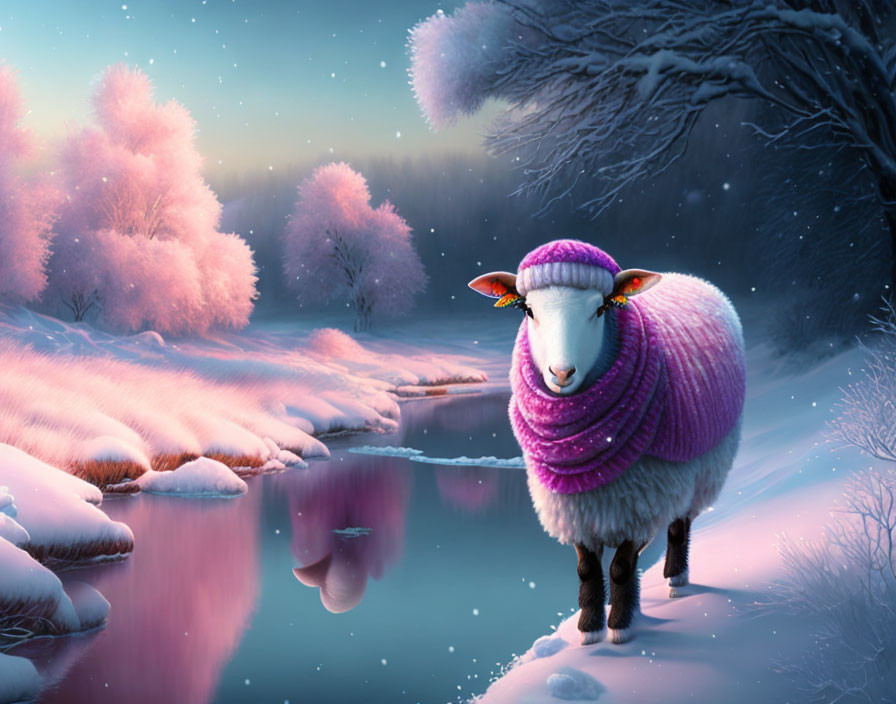 Pink-scarfed sheep in snowy landscape by icy river