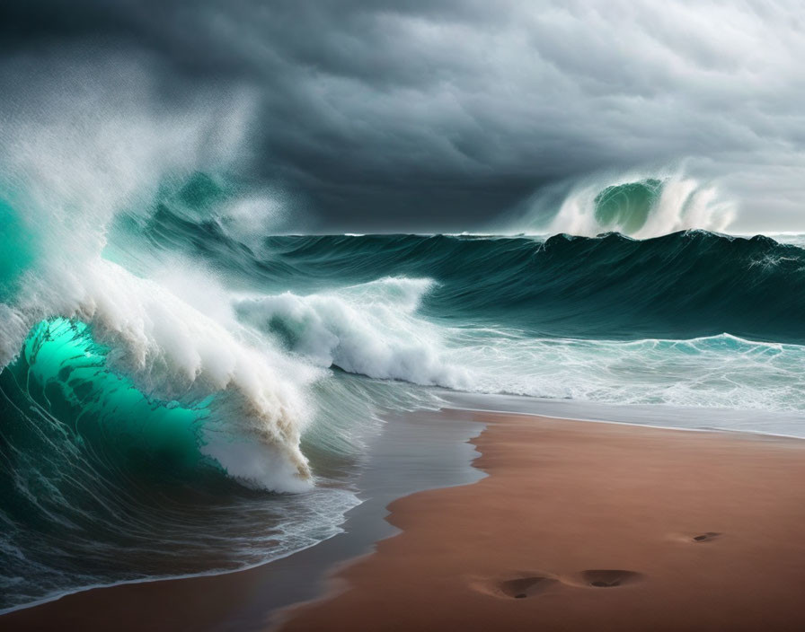 Stormy sky over sandy shore with crashing waves