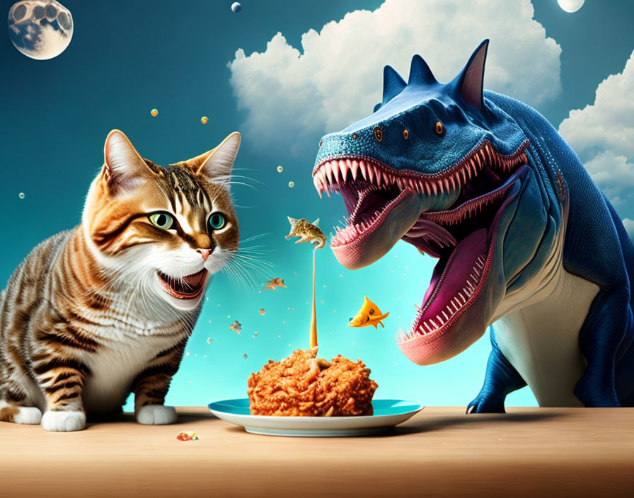 Cat and shark-faced figure confront over food on whimsical night sky.