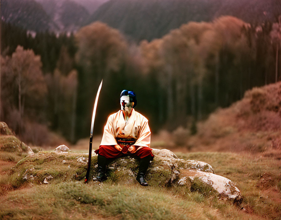 Traditional Samurai Attire Figure with Katana on Rock, Trees in Background