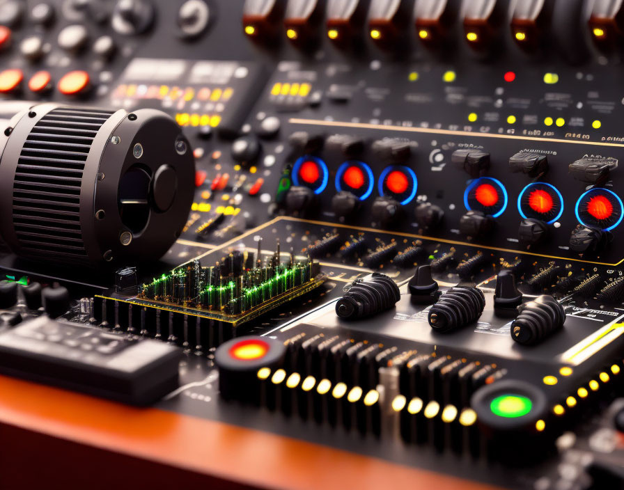 Detailed view of audio mixer control surface with knobs, buttons, and green level bars.