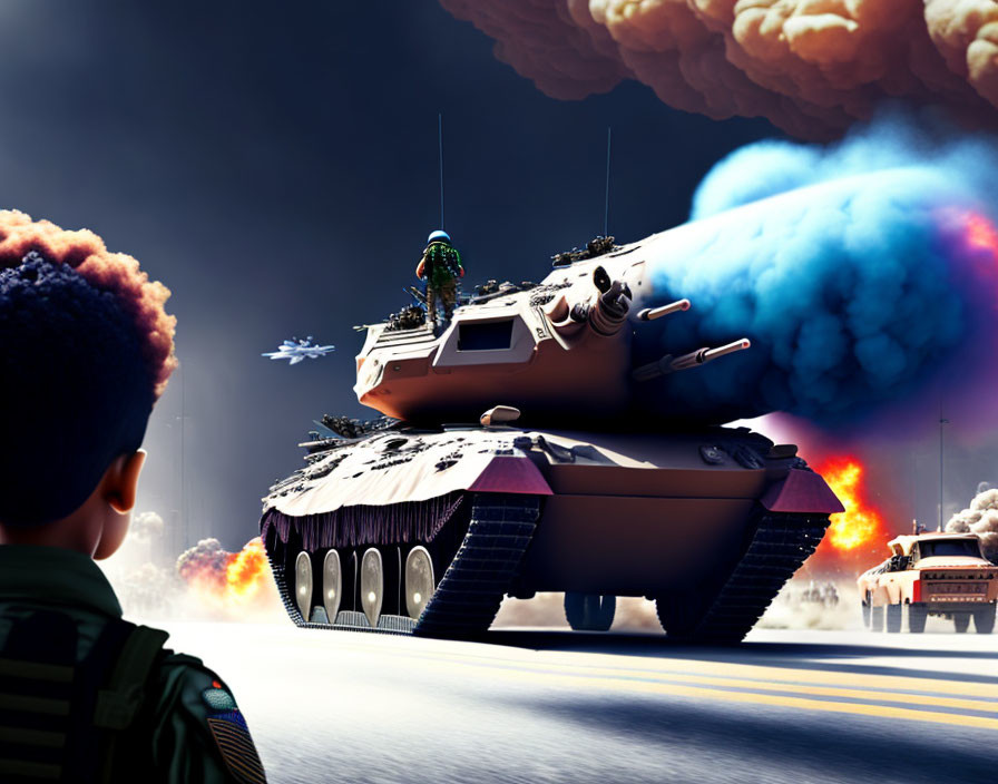 Futuristic battle scene with tanks, aircraft, explosions, and smoke.