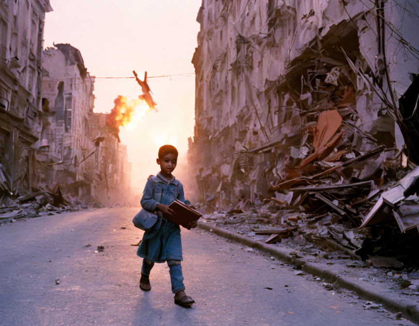 Child with book in war-torn street amidst explosion