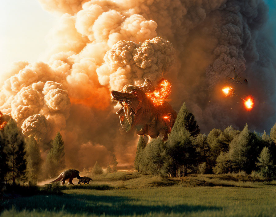 Fiery explosion with roaring T. rex and fleeing dinosaur in prehistoric scene