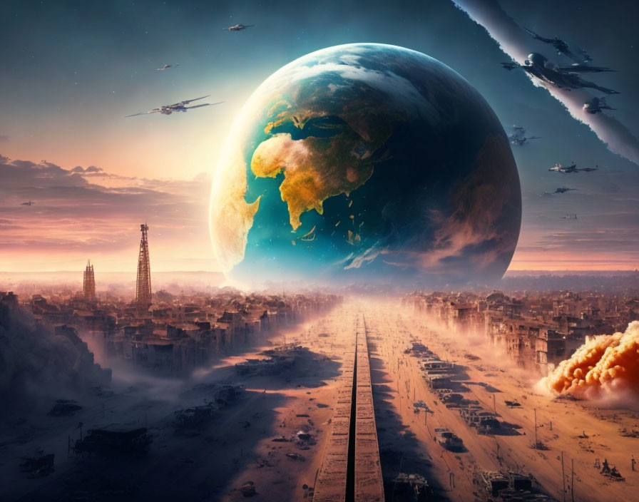 Dystopian cityscape with ruined buildings under massive Earth and spaceships in orange sky