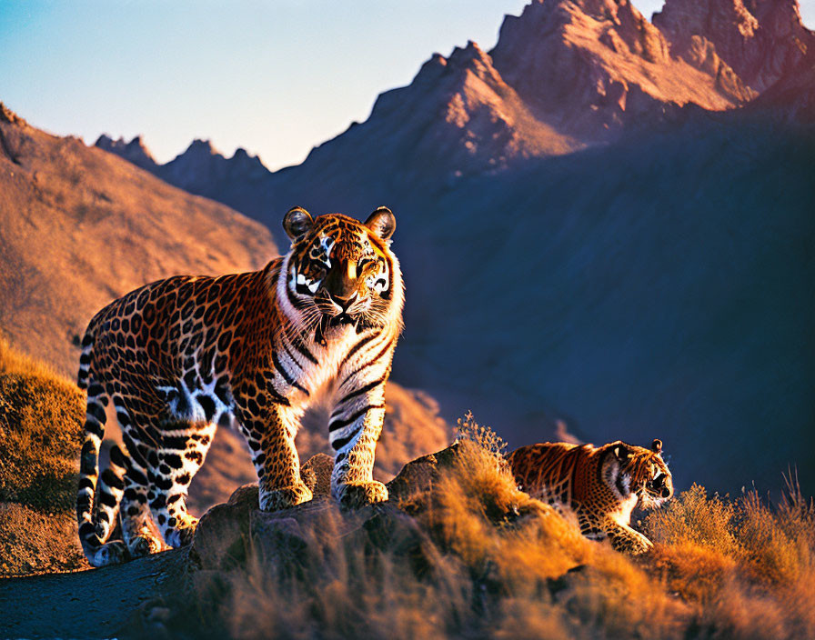 Majestic tiger and cub on mountain terrain at sunset