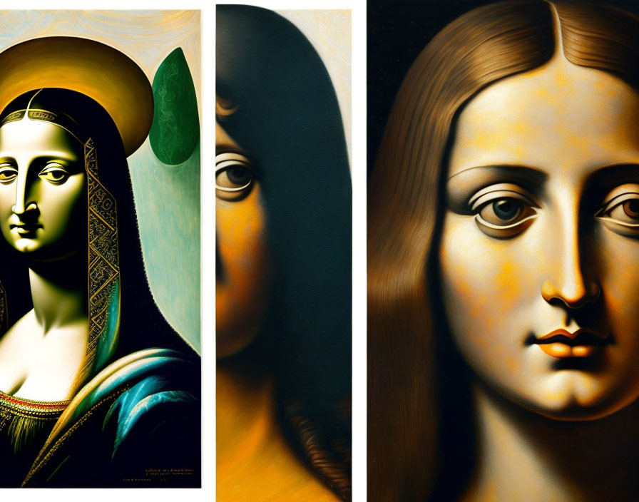 Stylized panels of hyperrealistic Mona Lisa with exaggerated features