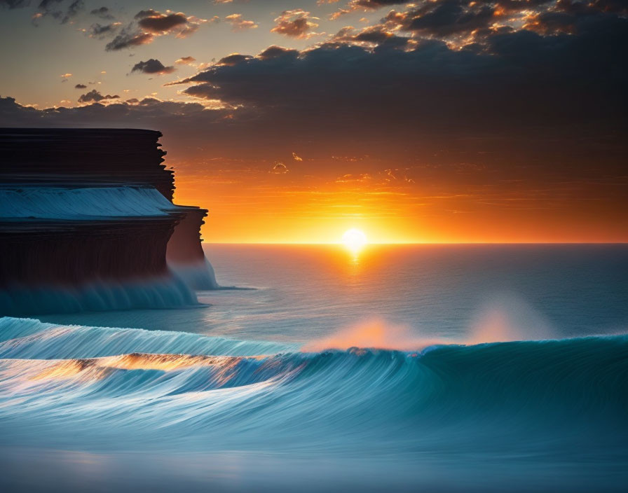 Rugged coastline sunset with cliffs, waterfall, and crashing waves