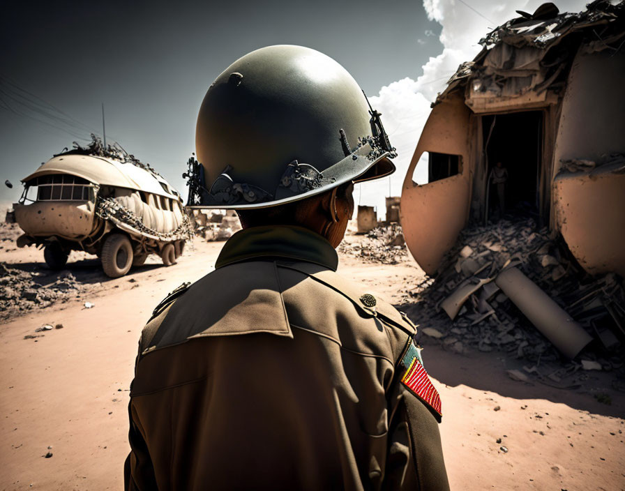 Uniformed soldier views damaged building and vehicle under cloudy sky