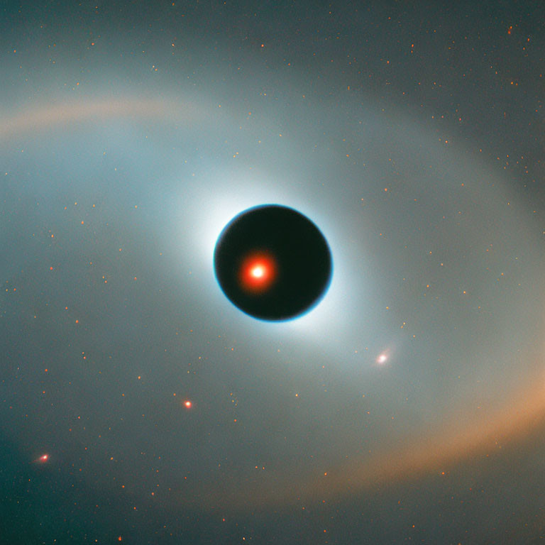 Celestial image of black sphere with bright halo in starry background