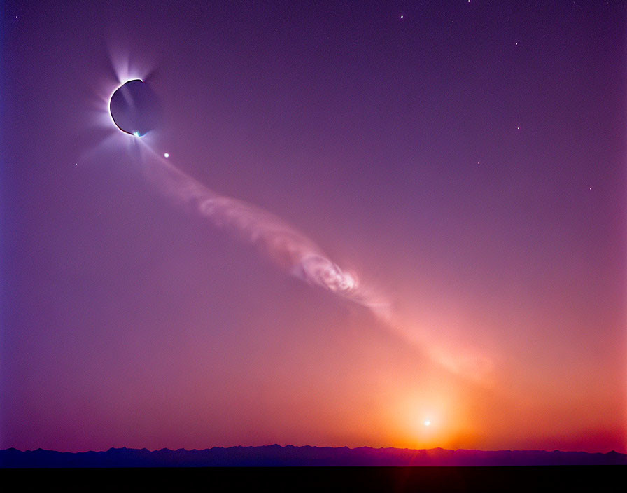 Rare celestial phenomena: solar eclipse, comet tail, serene sunset.