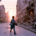 Child with book in war-torn street amidst explosion