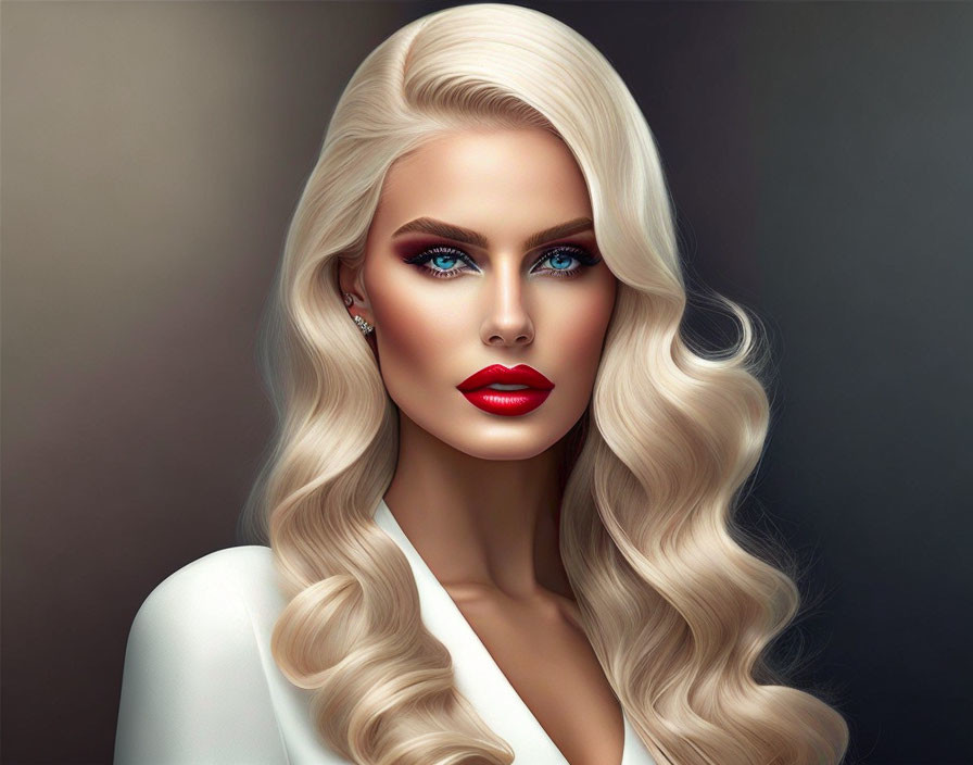 Digital portrait of woman with platinum blonde hair, red lipstick, blue eyes, white outfit