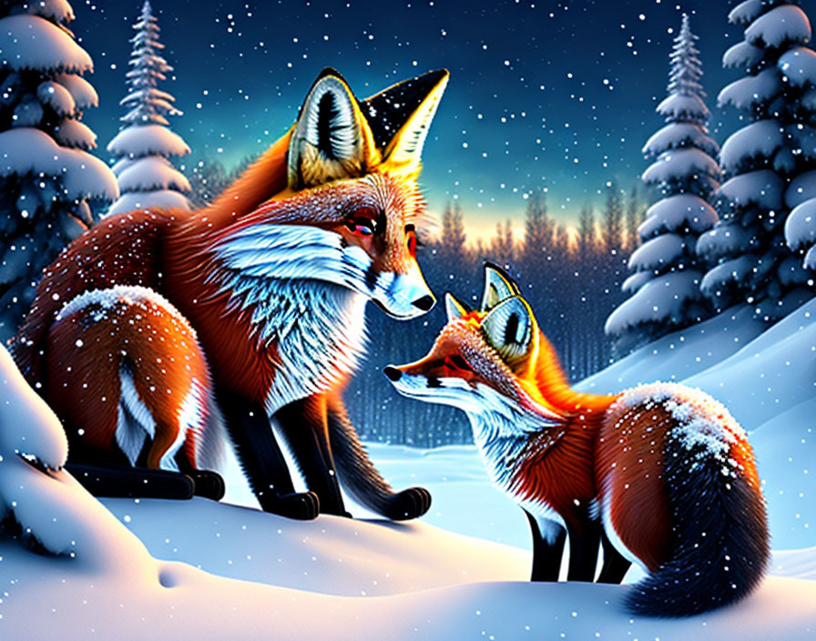 Twilight snowy forest scene with two foxes and vibrant colors