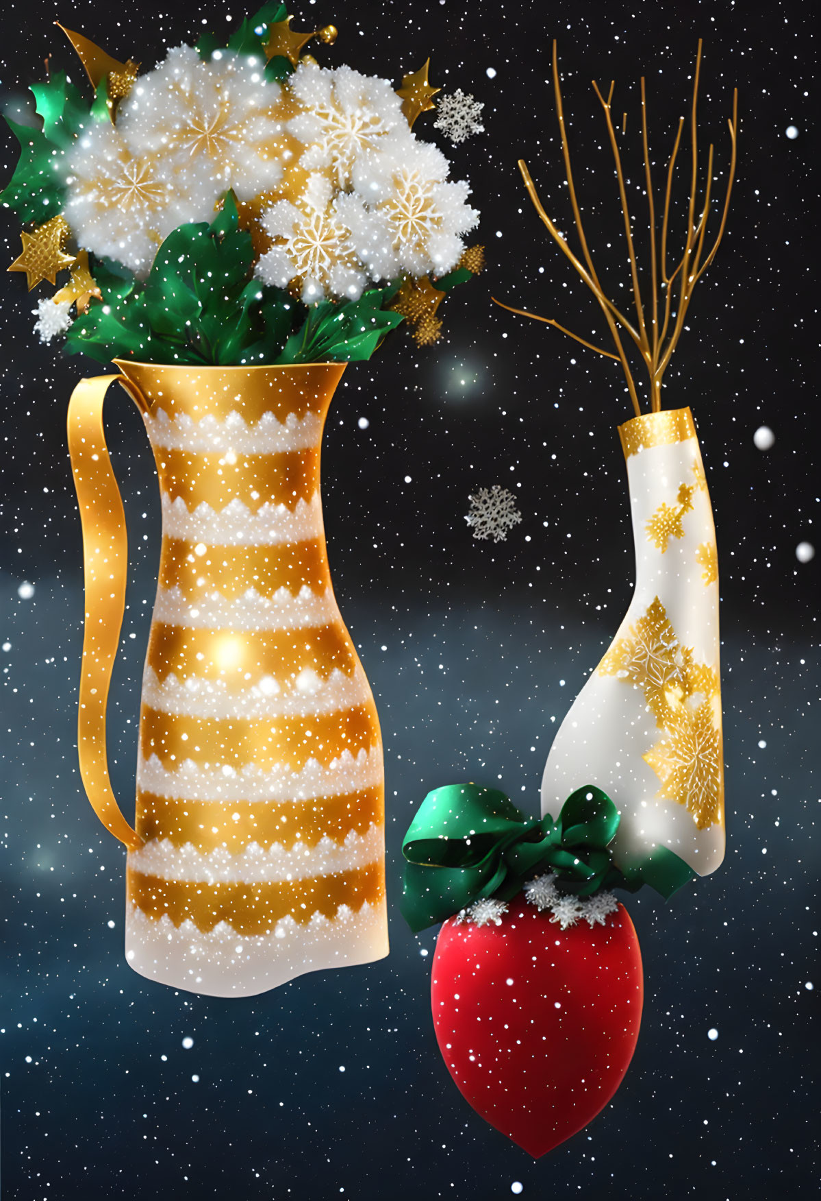 Festive vases with golden stripes and snowflake patterns, featuring white flowers, holly,