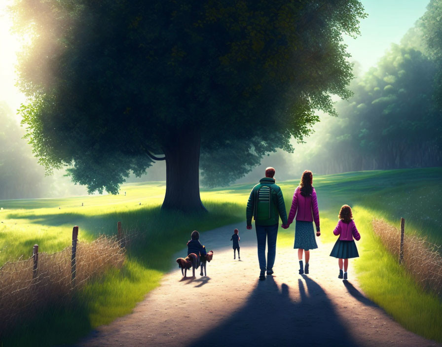 Family walking in sunlit park with children and dog casting shadows