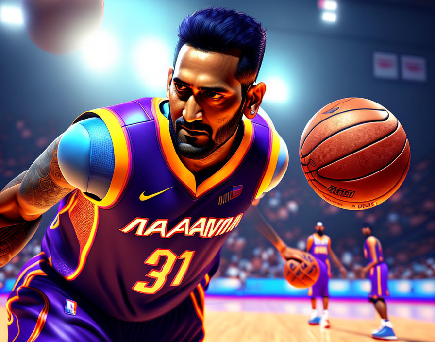 Digital illustration of basketball player dribbling on court in purple and orange jersey