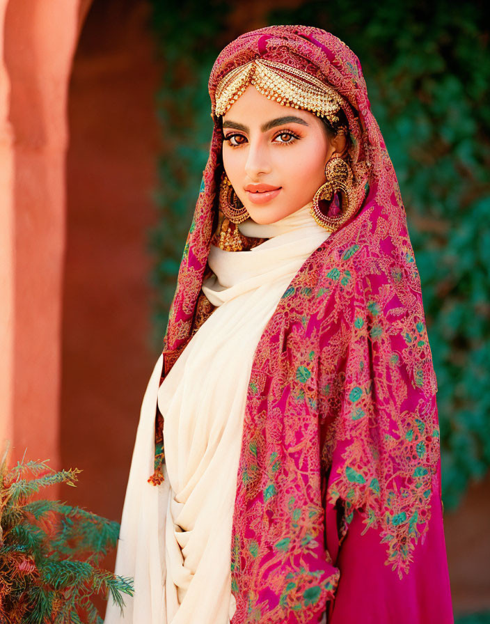 Traditional attire woman posing against terracotta backdrop with greenery