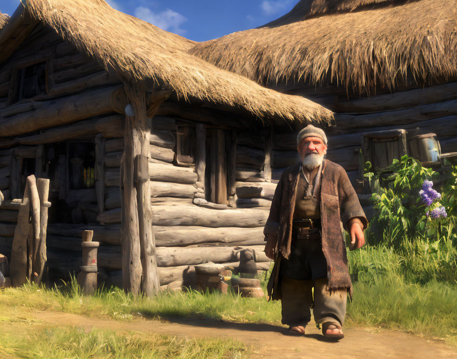 Elderly animated character with beard in front of rustic wooden house surrounded by greenery and blue flowers