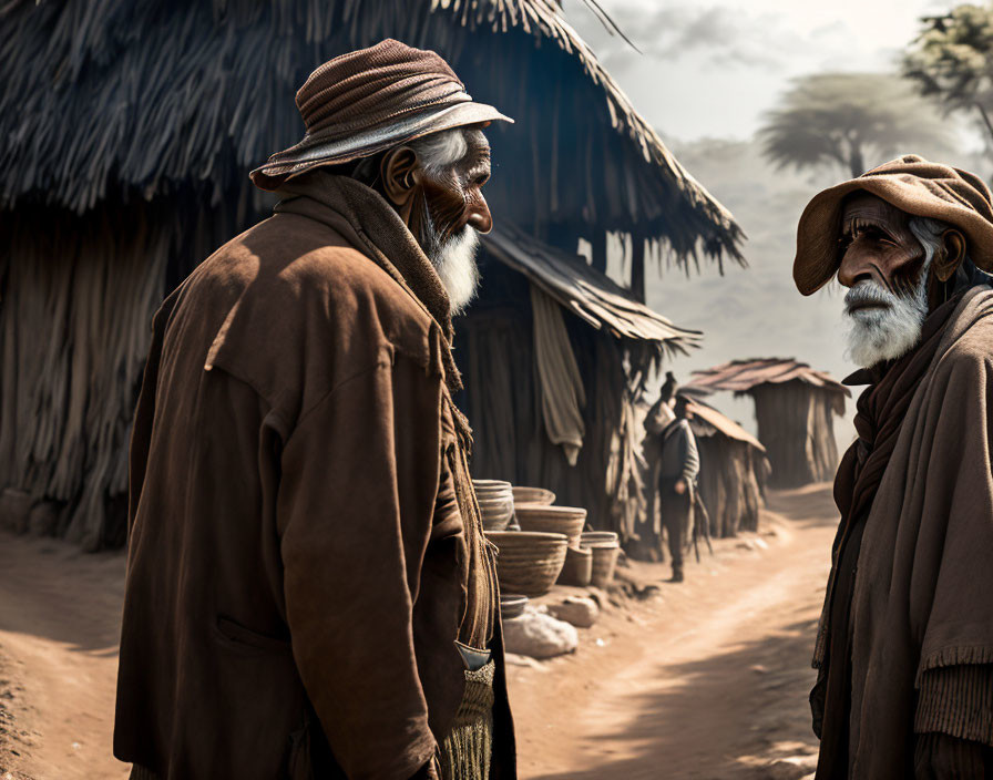 Rural scene: Elderly men in traditional clothing in village setting