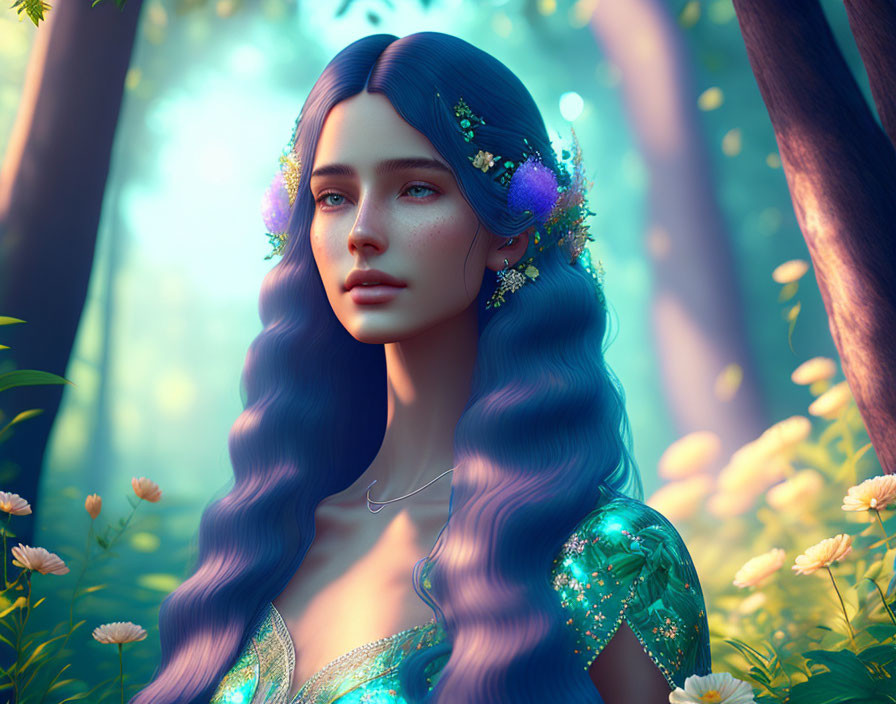 Digital artwork of woman with blue hair in forest with sunlight