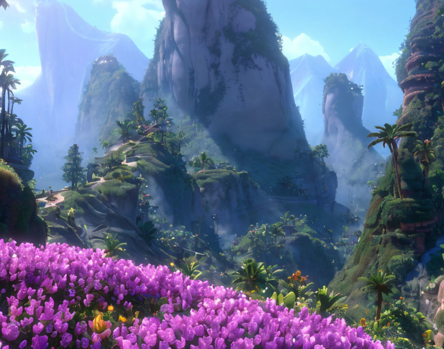 Tranquil landscape with lush greenery, mountains, purple flowers & blue sky