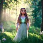 Mystical woman with floral crown in forest with foxes and magical backdrop