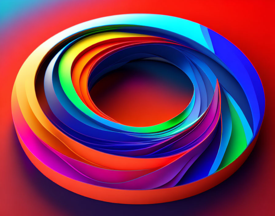 Colorful Abstract Spiral Design with Layered Arcs on Red Gradient Background