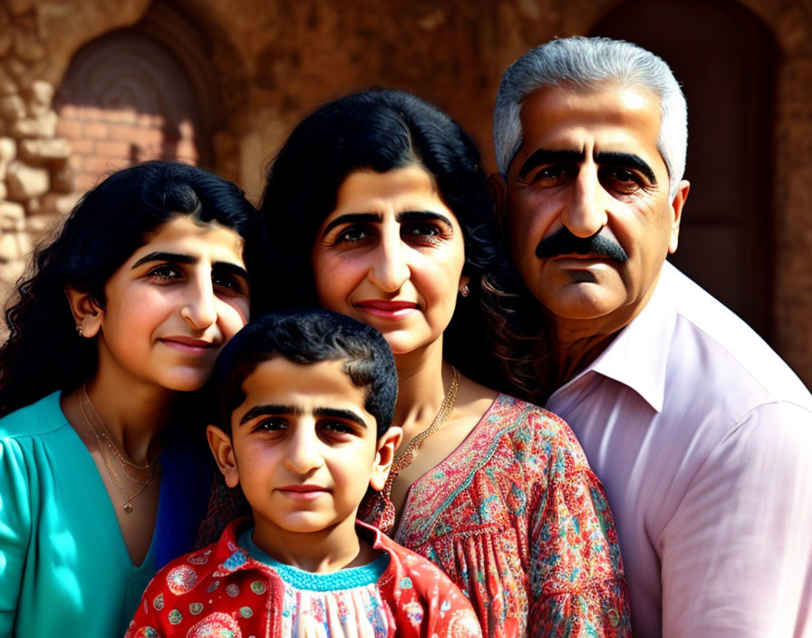 Family of Four Smiling Outdoors with Brick Structure