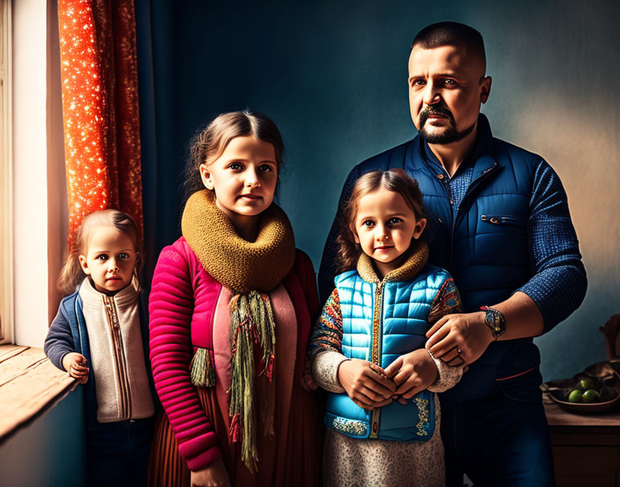 Man and Three Girls Family Portrait by Window on Teal Blue Wall