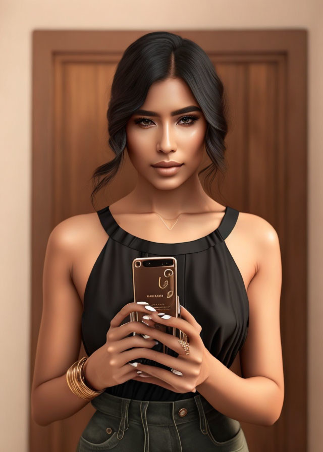 Dark-haired woman in animated style with cellphone and black top against wooden door background