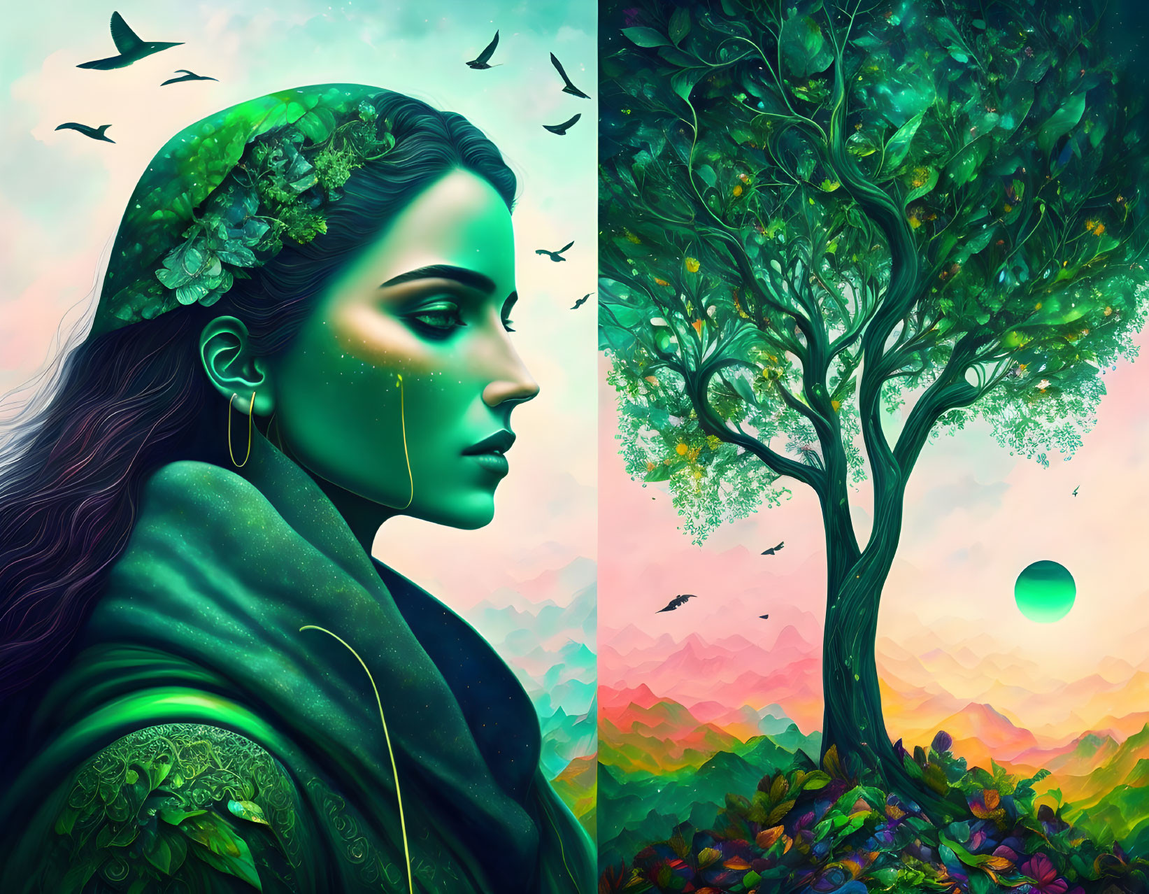 Colorful Woman's Profile with Nature Elements and Tree Landscape