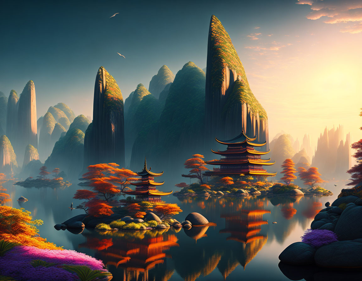 Tranquil landscape with rock formations, pagodas, autumn trees, colorful flora, and reflective