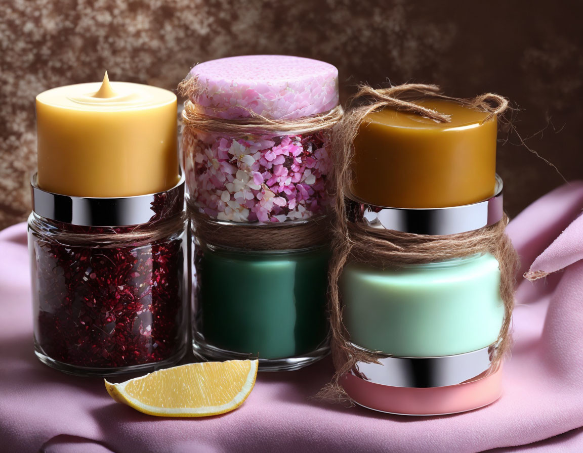 Decorative Scented Candle Trio with Bath Salts and Lemon Slice on Pink Fabric